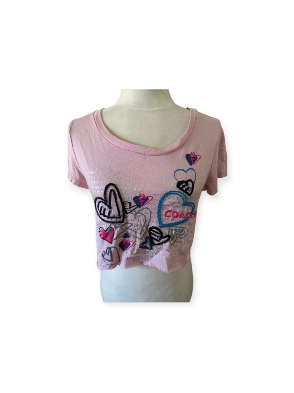 Vintage Coach Poppy Pink Heart Graphic Crop T-Shirt Womens S Rare Y2K Graffiti - Picture 2 of 14
